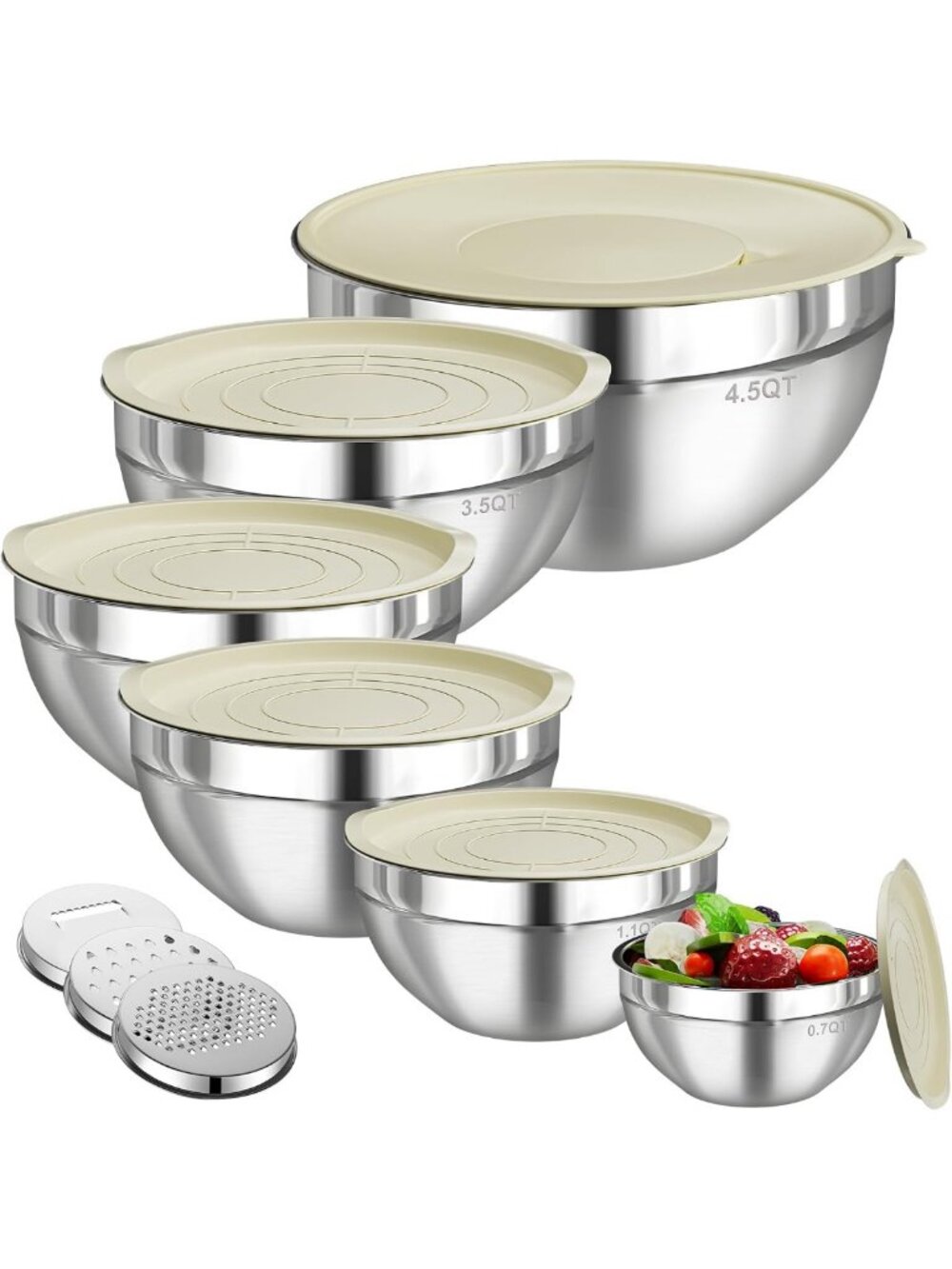 6-Piece Stainless Steel Mixing Bowls Set with Lids & Grater Attachments, Nesting